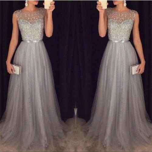 2019 Newest Women Dresses Sleeveless Sequins Patchwork Dress Formal Wedding Bridesmaid Elegant Female Party Gown Long Lace Dress