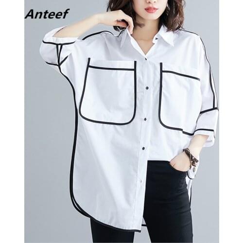 White cotton summer vintage korean style plus size Casual loose long shirt women blouse 2021 clothes ladies tops streetwear