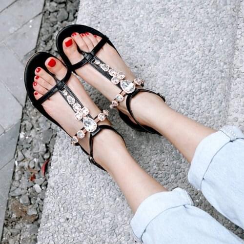 BLXQPYT 2020 Big size 50 Rhineston Bohemian Sandals Summer Womens Sandals Flat Casual Beach Slippers Flip Flops Black shoes 0-7