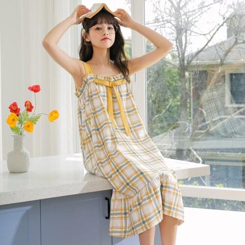 BZEL Plaid Spaghetti Strap Nightgowns Sexy Nightwear Cotton Sleepwear Cute Bow Homewear Large Size Loose Pijamas For Women M-XXL
