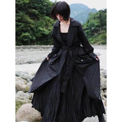 Cakucool Pleated Lapel waist windbreaker womens long sunscreen temperament handsome thin coat loose medium length simple