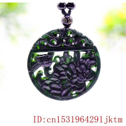 Black Green Jade Flower Bird Pendant Jewellery Natural Gifts Fashion Amulet Double-sided Necklace Carved Chinese Charm