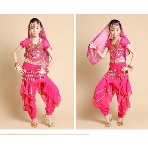Child belly dance Kids indian dance female child rotating pants short-sleeve costume Top&Pants&Belt&Headband&Bracelet 3 colors