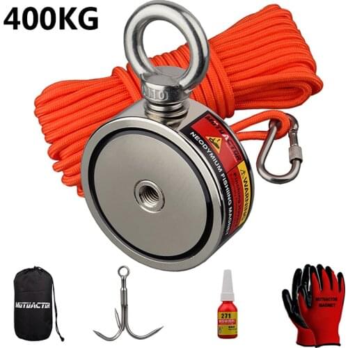 Double Side Combined 400kg Fishing Magnets Super Strong Neodymium Magnet with Grappling Hooks & 20m Rope for Retrieving in River