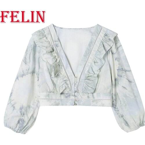 FELIN Za 2021 Tie Dye Slim 100% Cotton Short Shirts Women Summer V-Neck Long Sleeve Mujer Laminated Trim Tops Vintage Blouse