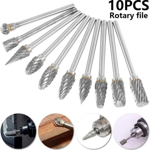 10PCS Burrs Bits 1/8" Shank Tungsten Carbide Milling Cutter Rotary Tool Double Diamond Cut Rotary Dremel Tools Electric Grinding