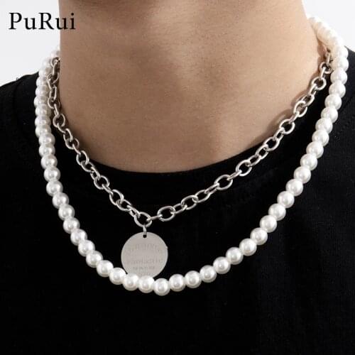 2020 INS Punk Hiphop Cuban Thick Chain Choker Necklace Sets for Men Vintage Pearl Necklaces Carved Love Coin Pendant Jewelry