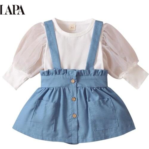 Baby Girls Summer Clothes Set Solid O-neck Puff Sleeve Top Buttons Suspende Dress Set Newborn Baby Girls Two-piece Suit