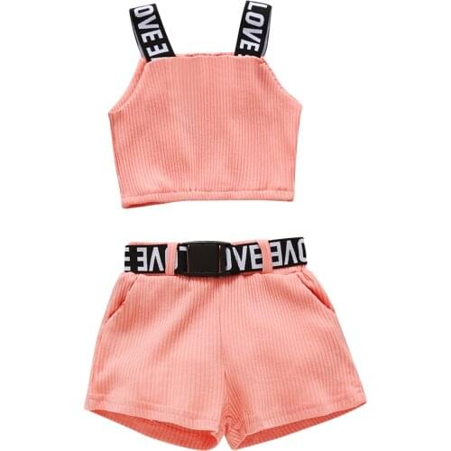 Citgeett Summer Kids Baby Girls Tracksuit Letters Strap Sleeveless Crop Tops + Ribbed Shorts Waist Belt Clothes Set