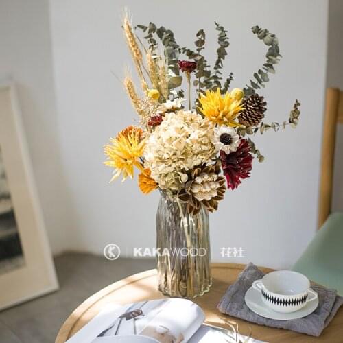 Natural Real Dried Flower Hydrangea Eucalyptus Leaves Wheat Golden Yellow Pastoral DIY FLORAL Set Dining Table Ornamental Flower