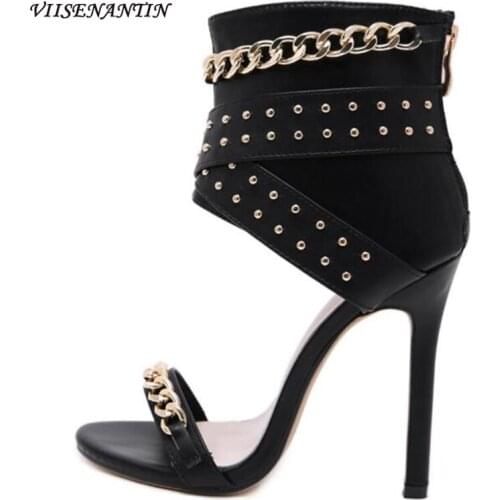 Summer New Style Metal Rivet Back Zipper with Fashionable High-heeled Shoes, Chain Decoration, High-quality Retro Ladies Sandals