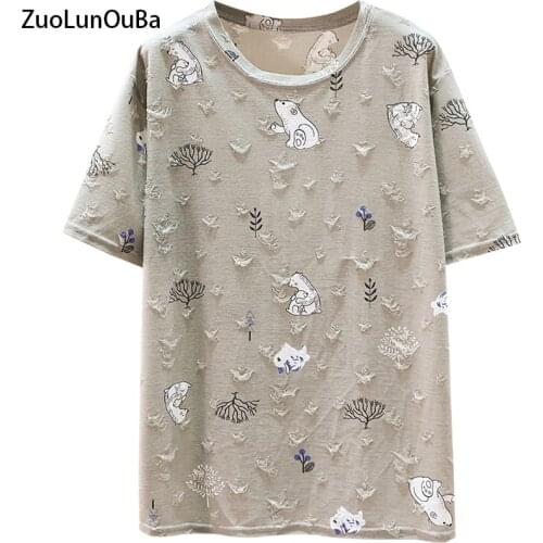 ZuoLunOuBa Summer New Arrival High Quality Women T Shirt Fashion Print Cartoon Hugging Polar Bear Tees Cotton Plus Size Tops