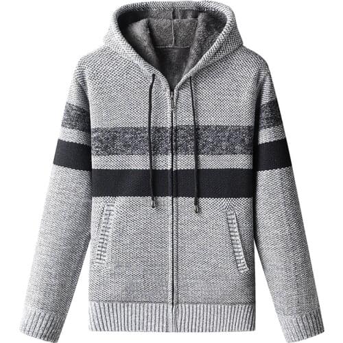 Autumn/winter fleece thick style warm knit sweater coat casual hooded stripe zipper cardigan wool sweater brand mens wear