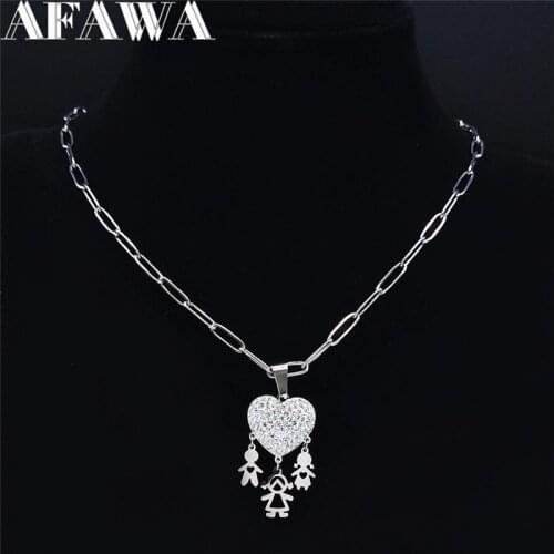 Family Heart Crystal Stainless Steel Choker Necklace Men/Women Gold Color Mom and Boy Girl Necklaces Jewery collier NXS01