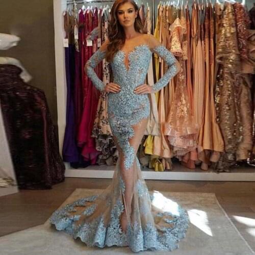 Mermaid Prom Dress Blue Long Sleeves Appliques Beaded Evening Dress 2020 Sexy Illusion Backless Party Prom Gowns