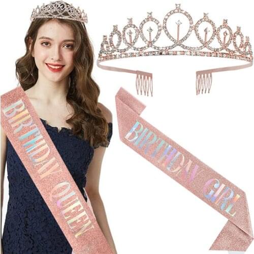 Birthday Girl Queen Satin Sash Rose Gold Crystal Crown Tiara For Adult 21 30 40 50th Birthday Anniversary Party Hair Accessories