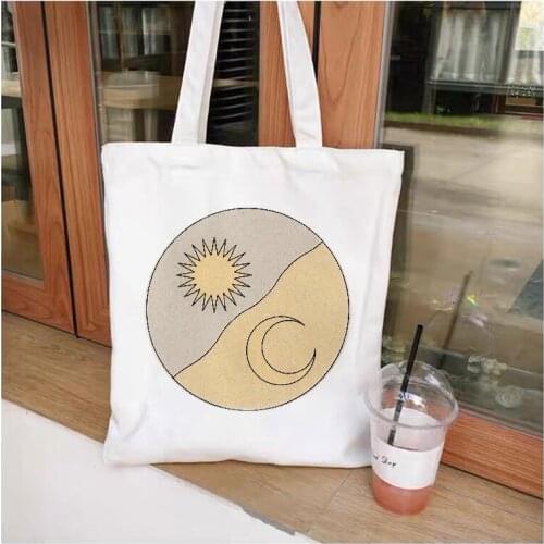 2021 Large Capacity Sun and Moon Pringing Ladies Shopper Bags Handbag Flower Aesthetic Graphic Canvas Shopping Bags Totes