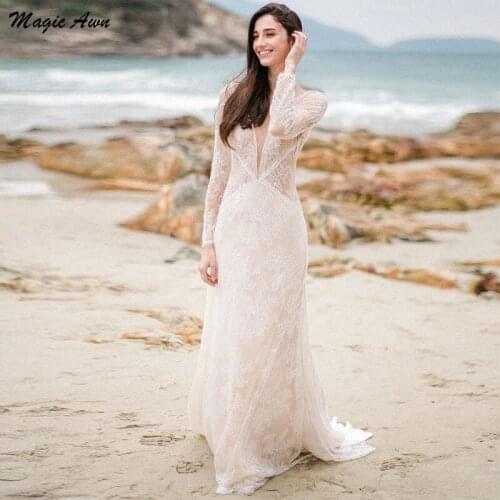 Magic Awn Long Sleeves Beach Lace Wedding Dresses Mermaid Illusion Open Back Simple Boho Bridal Gowns Customized Robe De Mariage