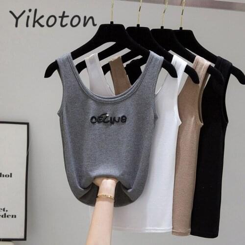 Letter Embroidery O-neck Womens T-shirt Summer Clothes for Women Solid Simple Basic Tank Top Vintage Korean Fashion Sleeveless