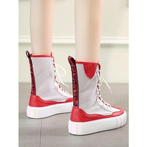 2020 Leather Hollow Boots Platform Platform Mesh Sandal Boots Womens Lace-up Short Boots Breathable Casual Boots Women Shoes