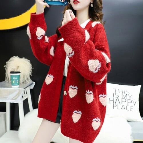 2021 Autumn New Knit Female Cardigan Loose Streetwear Knit Sweater Coat Cute Cartoon Print V Neck Knitted Cardigan Women Jacket