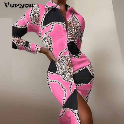 Autumn Elegant Slim Print Shirt Dress Women Turn-down Collar Button Office Lady Bodycon Sexy Dress Fashion Party Dresses 2021