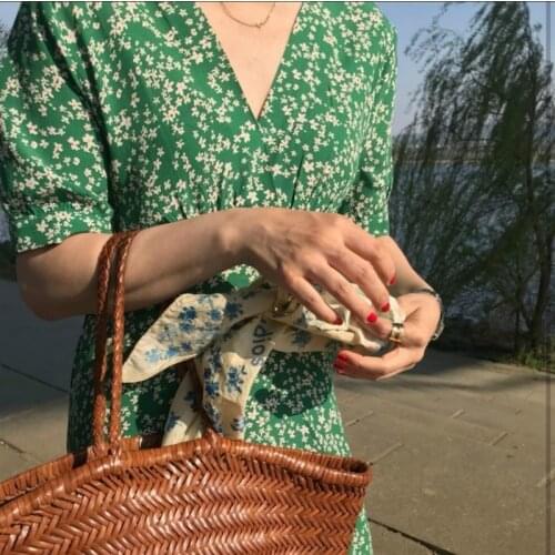 Summer Dress Women Elegant V Neck Flower Long Dress Green Short Sleeve High Waist A-line Midi Dresses 2021 French Style 14542