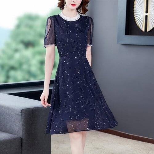2021 Vintage Blue Stars Print Chiffon Midi Dress Summer Office Lady 2XL Plus Size Sundress Female Elegant Bodycon Party Vestidos