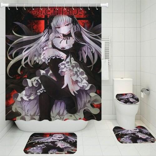 3/4 Pieces Maid Outfit Girl Shower Curtains Set 3D Print Home Textile Carpet Toilet Mat Bathroom Polyester Japan Anime Bath Set