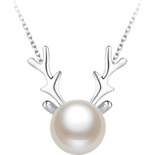 Free shipping Xmas gift deer buckhorn jewelry lady solid 925 silver pendant necklace with natural white real oyster pea hot sell