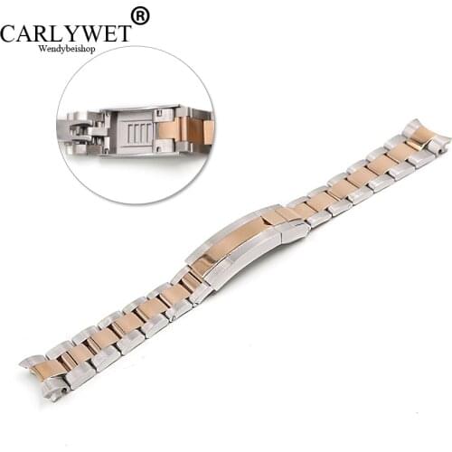 CARLYWET 20mm Middle Rose Gold Stainless Steel Solid Curved End Screw Links Glide Lock Clasp Watch Band Bracelet For GMT