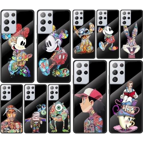 Mickey Tattoo Cartoon for Samsung Galaxy S21 Ultra Plus A72 A52 4G 5G M51 M31 M21 Luxury Tempered Glass Phone Case Cover