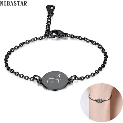 NIBASTAR Engraving Letter Black Round Bracelet For Girl Stainless Steel Adjustable Charm Chain Birthday Gifts Wholesale