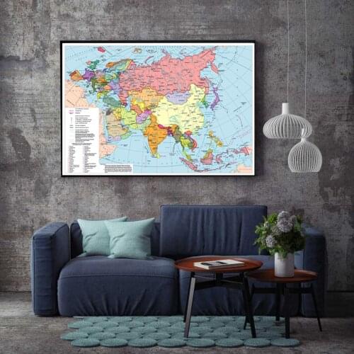 84*59cm Russian Map of Asia Europe Political Distribution Unframe Canvas World Map Picture Art for Culture and Travel Supplies