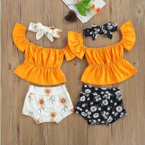 3 Pcs Newborn Summer Outfits Baby Girl Off Shoulder Short Sleeve T-shirt Flower Print Shorts Bowknot Headband Babys Sets