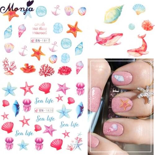 Monja Summer Cartoon Ocean Series Watermark Nail Art Sticker Shell Dolphin Multi-pattern Water Transfer Decals DIY Manicure Tool