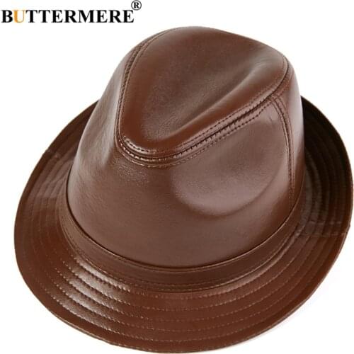 BUTTERMERE Hat Fedora Real Leather Jazz Hat Men Autumn Winter Sheepskin British Style Mens Brown Black Flat Cap