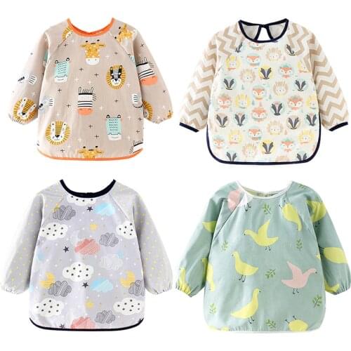 Cute Cartoon Baby Bibs Cotton Colorful Infant Bib Full Sleeve Gown Children Long Sleeve Apron Coverall Feeding Drawing Bibs