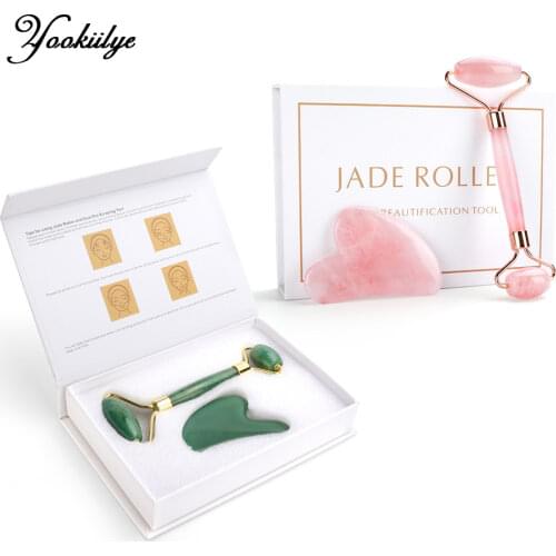 Quartz Jade Roller Heart Guasha Scraping Board Slimming Face Lift Massager Facial Massage Facial Jade Stone Skin Beauty Care Set