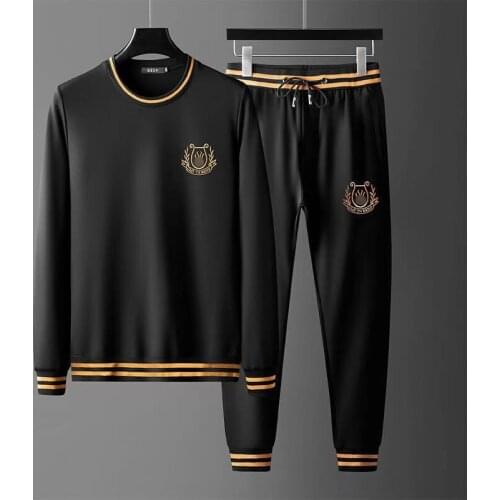 New European mens long-sleeved trousers casual suit embroidery hit color sportswear two-piece sports suit men
