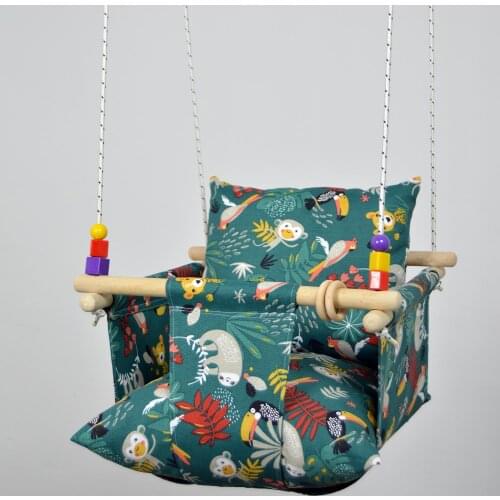 New season Unisex Baby Swing Natural Wooden Child Cotton Duck Fabric Linen Fabric Hammock Home Type Animal Pattern