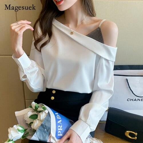 Casual 2021 Fashion Off-the-shoulder Loose Women Shirts White Women Blouses Long-sleeve Satin Ladies Tops Blusas Mujer 15066