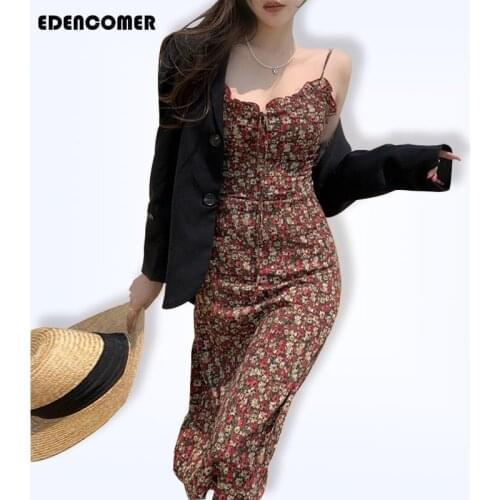 Summer New Retro French V-neck Open Back Holiday Dresses 2021 Medium Length Red Floral Dress Suspender Vintage Dress Vestidos