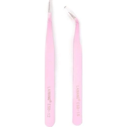 Drop Ship&Wholesale 2PC Pink Steel Straight + Bend Tweezer Nippers For Eyelash Extensions Nail Art Oct.14