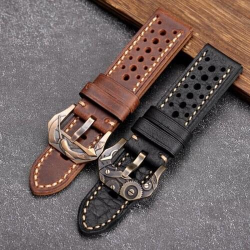 Hand-Made Breathable Cowhide Watchband 20 22 24 26MM Brown Black Leather Strap Suitable For bronze watch bracelet, mens strap