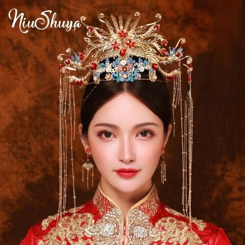 NiuShuya Luxury Wedding Bride Traditional Chinese Hair Accessories Headdress Gold Peacock Hairband Crown Hair Jewelry Ornament