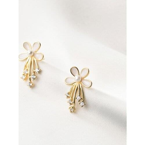 Romantic 925 Sterling Silver White Flower Stud Earrings Pearl Tassel Earrings for Women Sweet Diamonds Meteor Girl Gifts aretes