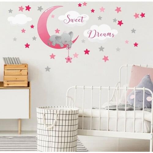 Modern Cartoon Wall Stickers for Girl Kids Room Bedroom Decor Living Room Sofa Background Moon Star Decal Wallpaper