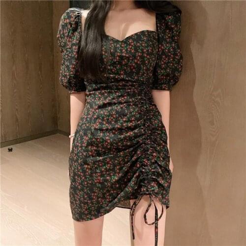 Summer French style bubble sleeve buttock skirt retro wrinkled small floral dress
