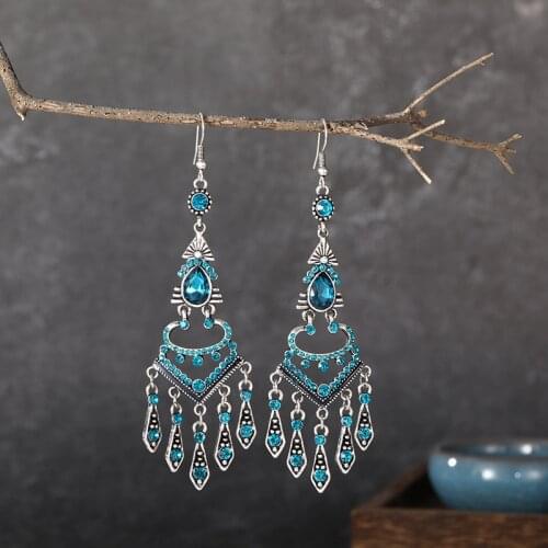 2021 Bohemian Womens Rhinestone Tassel Wedding Earrings Retro Ethnic Silver Color Rhombus Hollow Crystal Dangle Earring